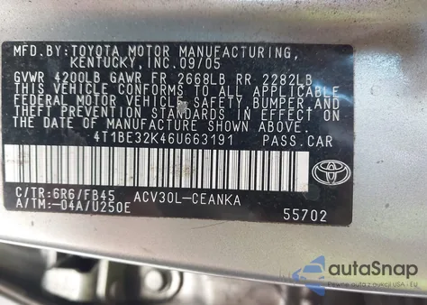 2006 Toyota Camry Le из США, поврежденный, VIN 4T1BE32K46U663191